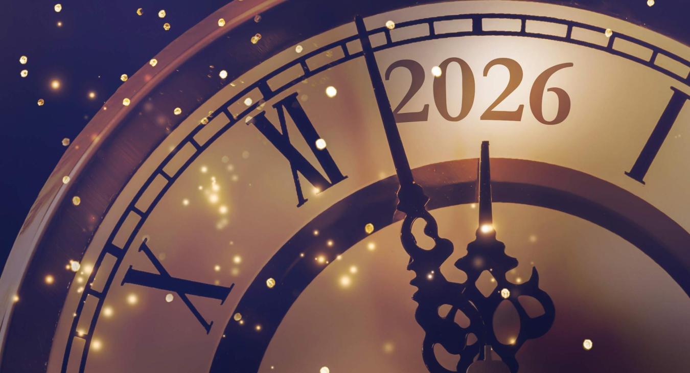 A clock with Roman numerals ticks towards 2026